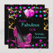 ホットピンクティール(緑がかった色)ブルーハイヒール素晴らしい誕生日 招待状 (正面/裏面)