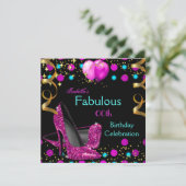 ホットピンクティール(緑がかった色)ブルーハイヒール素晴らしい誕生日 招待状 (スタンド正面)