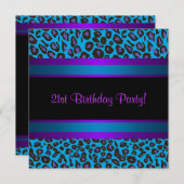 ホットピンクティール(緑がかった色)ブルーパープルヒョウ21歳の誕生日 招待状 (正面/裏面)