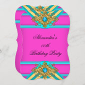 ホットピンクティール(緑がかった色)誕生日パーティードジュエルストライプの金ゴールド 招待状 (正面/裏面)