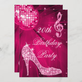 ホットピンクディスコボールスパークルヒール20誕生日 招待状 (正面/裏面)