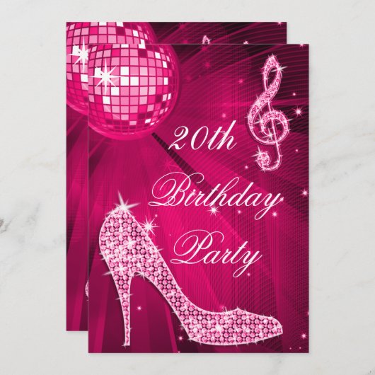 ホットピンクディスコボールスパークルヒール20誕生日 招待状 (正面/裏面)