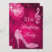 ホットピンクディスコボールスパークルヒール21歳の誕生日 招待状 (正面/裏面)
