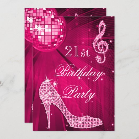 ホットピンクディスコボールスパークルヒール21歳の誕生日 招待状 (正面/裏面)