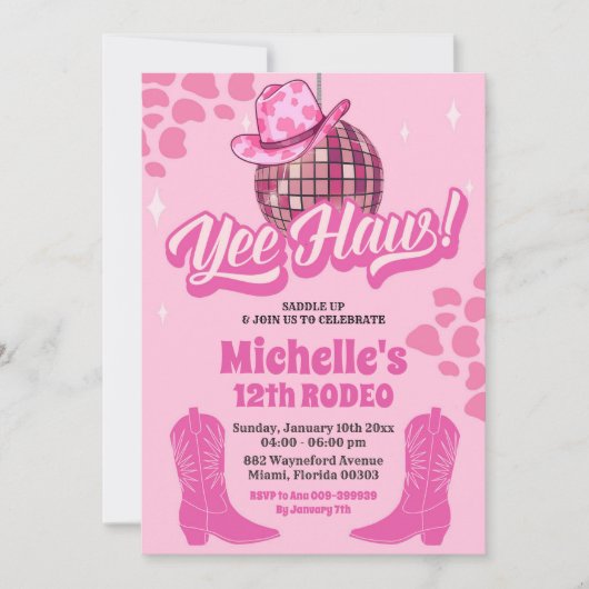 ホットピンクディスコ女性のカーボーイイエハウバースデーパーティー 招待状 (正面)
