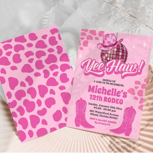 ホットピンクディスコ女性のカーボーイイエハウバースデーパーティー 招待状