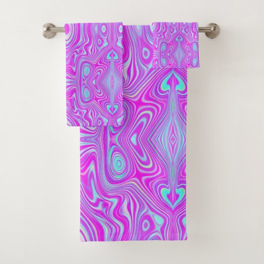 ホットピンクトリップ（幻覚体験）のようなとアクアブルーの抽象芸術パターン バスタオルセット (インサイチュ)
