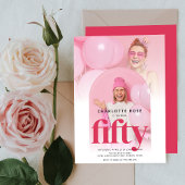 ホットピンクトレンディーシックアーチフォト50誕生日 招待状