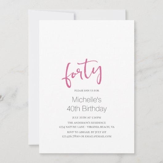 ホットピンクトレンディーモダンミニマリスト40歳の誕生日 招待状 (正面)