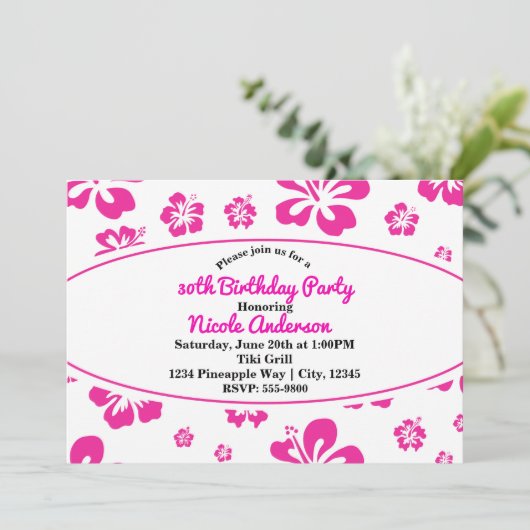 ホットピンクトロピカルハイビスカスフローラパーティの招待状 招待状 (スタンド正面)