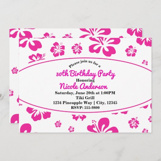 ホットピンクトロピカルハイビスカスフローラパーティの招待状 招待状 (正面/裏面)