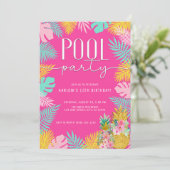 ホットピンクトロピカルルアウ（ハワイ式宴会）プールパーティー誕生日 招待状 (スタンド正面)