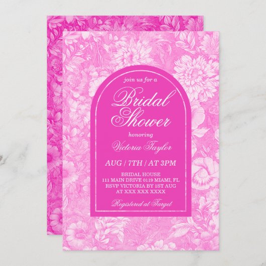 ホットピンクトワールビクトリアンブライダルシャワー 招待状 (正面/裏面)