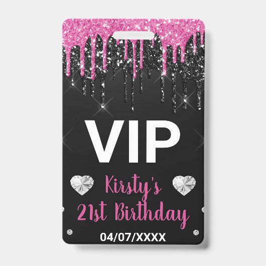 ホットピンクドリッピンググリッター&ダイヤモンド誕生日 バッジ (Front)