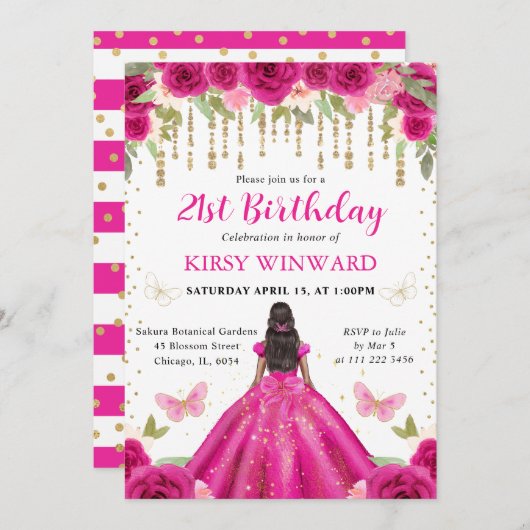 ホットピンクドレスダークスキンプリンセス誕生日 招待状 (正面/裏面)
