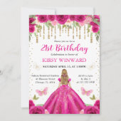 ホットピンクドレスブロンドヘアプリンセス誕生日 招待状 (正面)