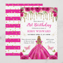 ホットピンクドレスブロンドヘアプリンセス誕生日 招待状