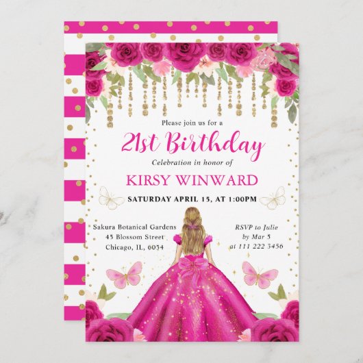 ホットピンクドレスブロンドヘアプリンセス誕生日 招待状 (正面/裏面)