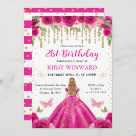 ホットピンクドレスブロンドヘアプリンセス誕生日 招待状