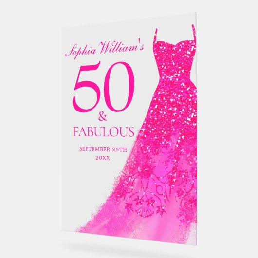 ホットピンクドレス50と素晴らしい50th誕生日パーティー アクリルサイン (傾斜)