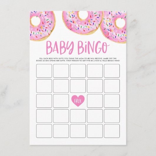 ホットピンクドーナツ赤ちゃんシャワービンゴゲームカード エンクロージャーカード (正面)