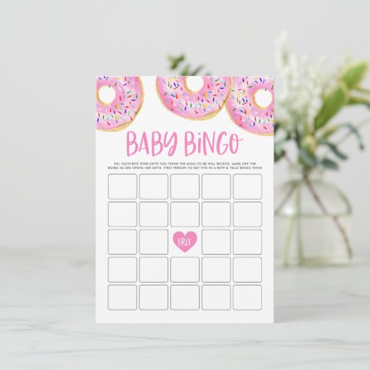 ホットピンクドーナツ赤ちゃんシャワービンゴゲームカード エンクロージャーカード (スタンド正面)