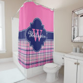 ホットピンクネイビーブルーマドラスプレイド1I CBリボン名 シャワーカーテン (インサイチュ)