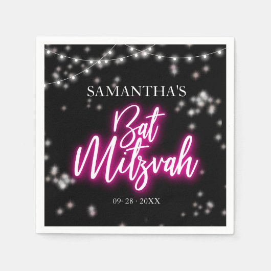 ホットピンクネオンをテーマにしたバルミツワー スタンダードカクテルナプキン (正面)