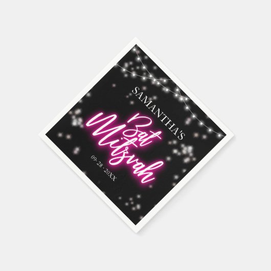 ホットピンクネオンをテーマにしたバルミツワー スタンダードカクテルナプキン (角)