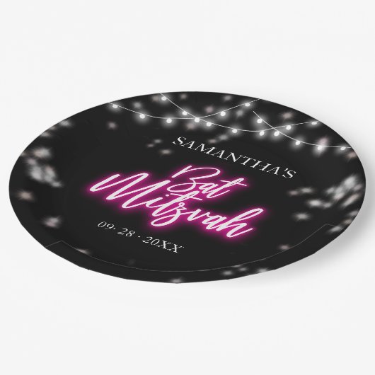 ホットピンクネオンをテーマにしたバルミツワー ペーパープレート (アングル)