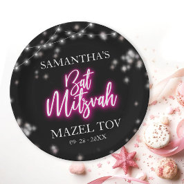 ホットピンクネオンをテーマにしたバルミツワー ペーパープレート