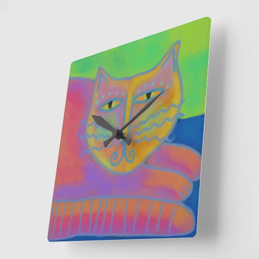 ホットピンクネコ抽象芸術アートスクエアウォールクロック スクエア壁時計 (傾斜)