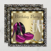 ホットピンクハイヒールシューズ女性ヒョウ誕生日 招待状 (正面/裏面)