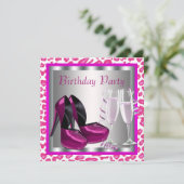 ホットピンクハイヒールシューズ女性ヒョウ誕生日 招待状 (スタンド正面)