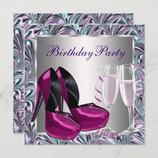 ホットピンクハイヒールシューズ女性誕生日 招待状 (正面/裏面)