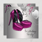 ホットピンクハイヒールシューズ誕生日パーティー 招待状 (正面/裏面)