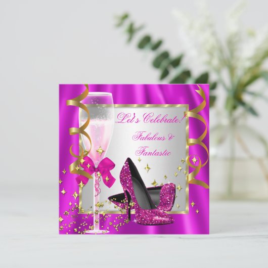 ホットピンクハイヒールシルバーウィメンズバースデーパーティー 招待状 (スタンド正面)