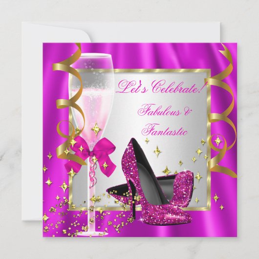 ホットピンクハイヒールシルバーウィメンズバースデーパーティー 招待状 (正面)