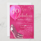 ホットピンクハイヒールスティレットグリッター40th誕生日 招待状 (正面)