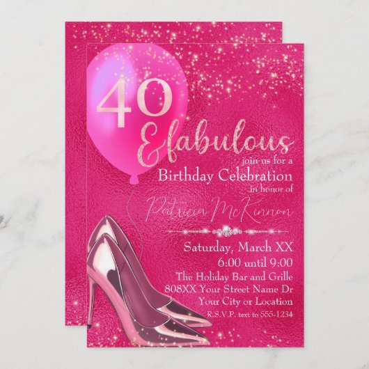 ホットピンクハイヒールスティレットグリッター40th誕生日 招待状 (正面/裏面)
