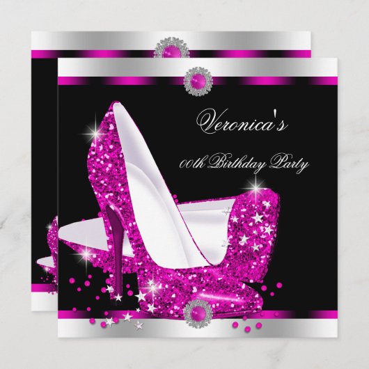 ホットピンクハイヒール黒シルバーバースデーパーティー 招待状 (正面/裏面)