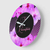 ホットピンクハイビスカスファミリー名記念 ラージ壁時計 (傾斜)