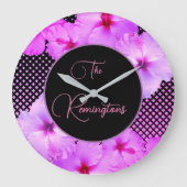 ホットピンクハイビスカスファミリー名記念 ラージ壁時計 (正面)