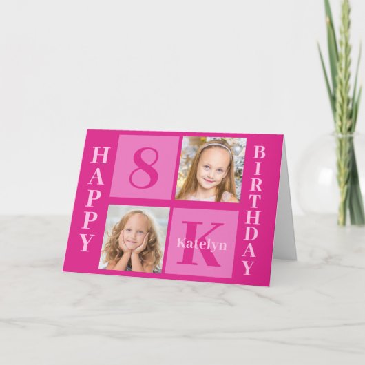 ホットピンクハッピーバースデーかわいいカスタム女の子写真 カード (正面)