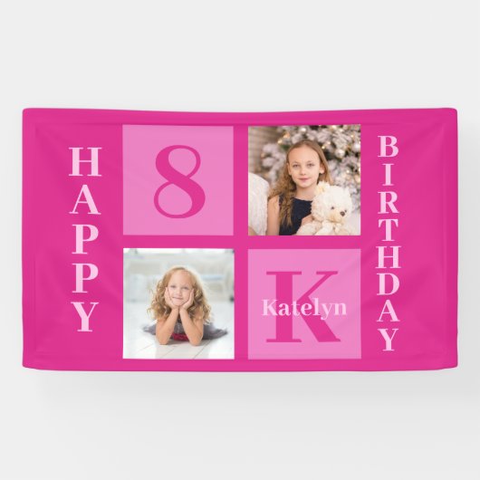 ホットピンクハッピーバースデーかわいいカスタム女の子写真 横断幕 (横)