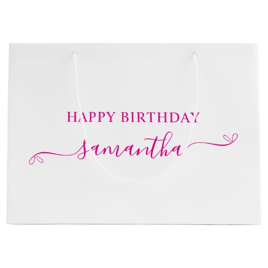 ホットピンクハッピーバースデーかわいい弓の署名名 ラージペーパーバッグ (正面)
