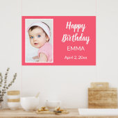 ホットピンクハッピーバースデーパーティー写真名日付 ポスター (キッチン)