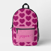 ホットピンクハートグリッタースパークルパターン名前をカスタムする プリントバックパック (正面)
