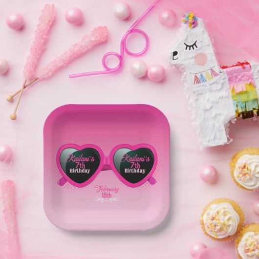 ホットピンクハートサングラス誕生日 ペーパープレート (パーティー)