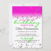 ホットピンクハート紙吹雪誕生日パーティーの招待 招待状 (正面)